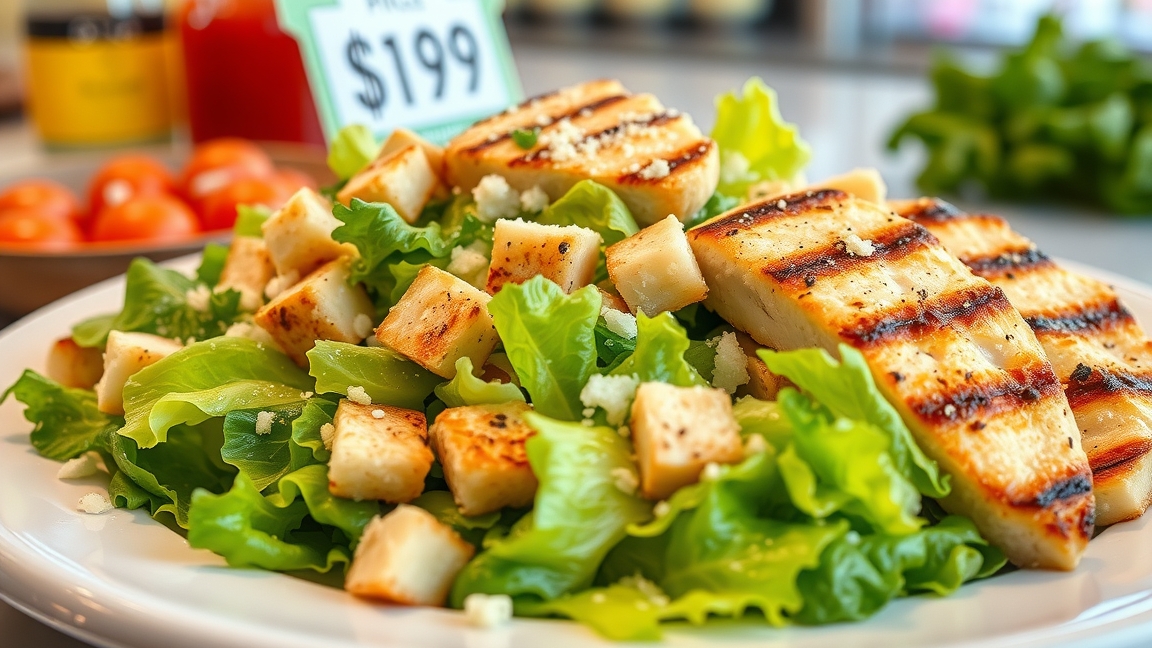 Grillezett Cézár saláta friss zöldségekkel és krutonokkal.