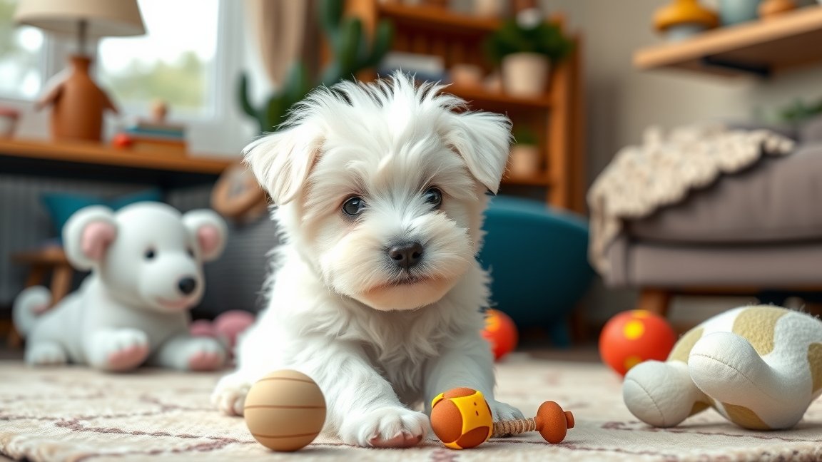 Coton de Tuléar kölyök játékokkal egy szobában