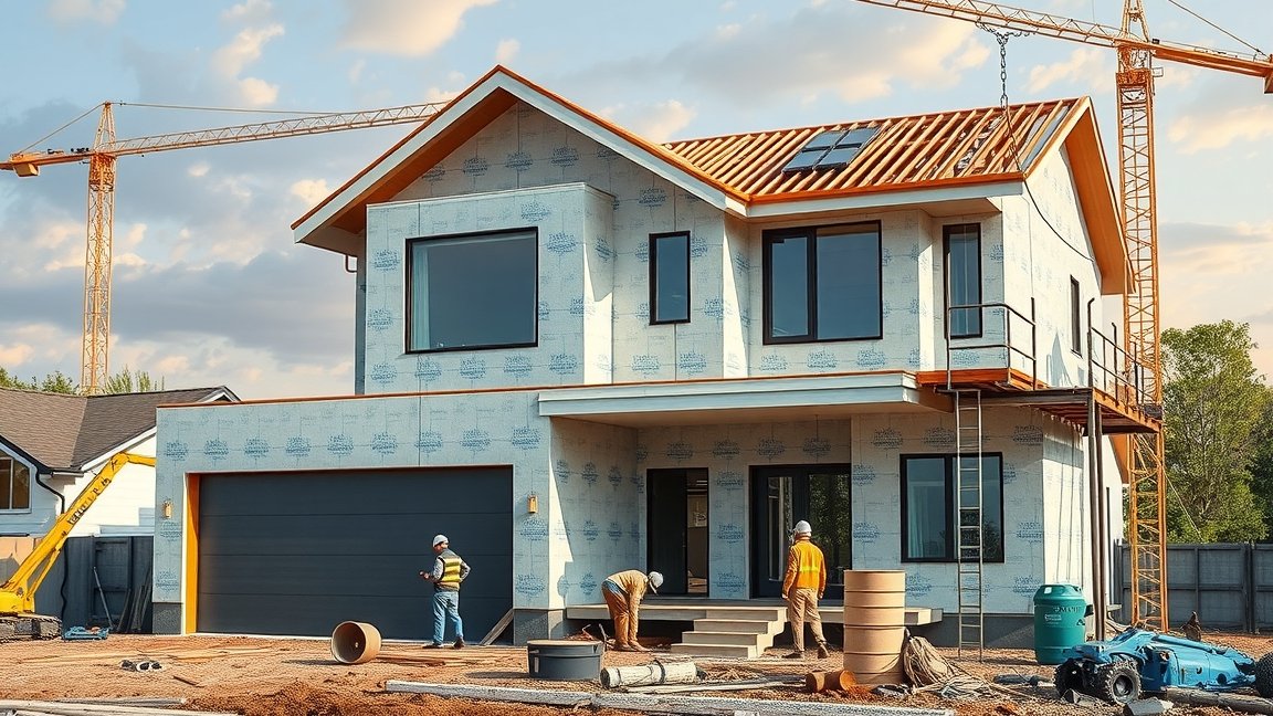 Családi ház építése 2025-ben, munkások és építőanyagok a helyszínen.