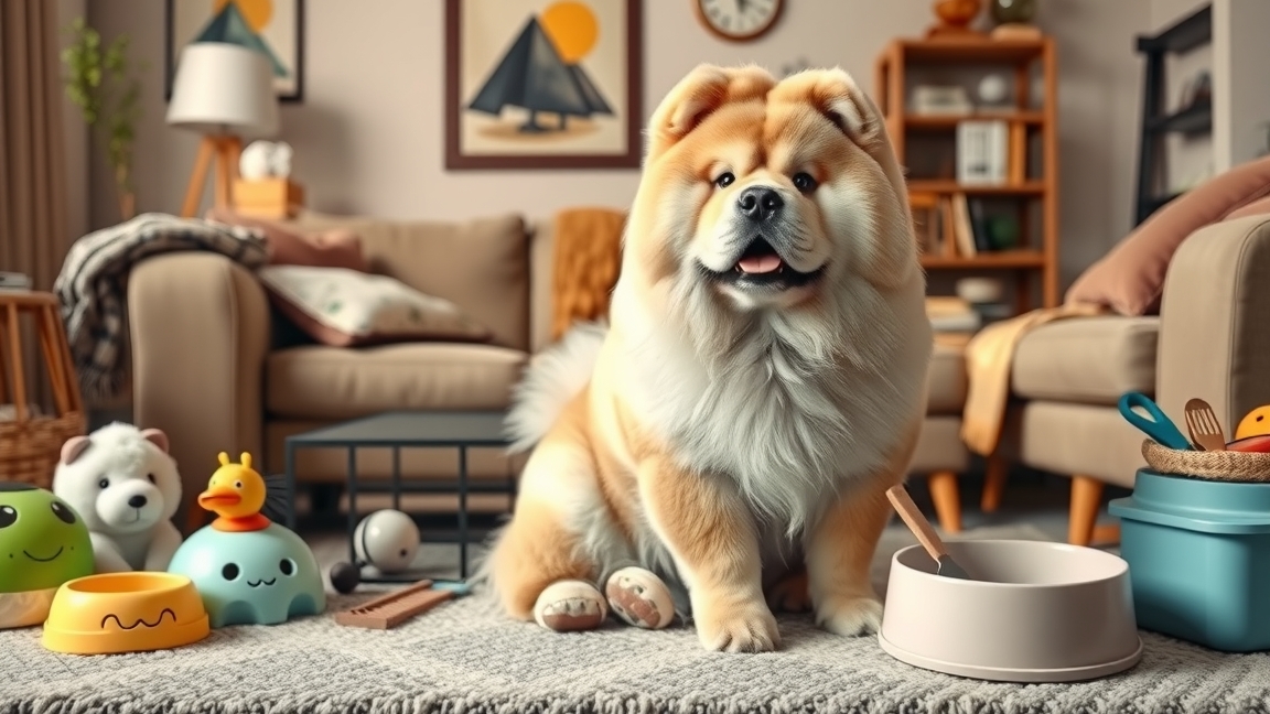 Egy boldog csau-csau kutya otthoni környezetben játékaival.