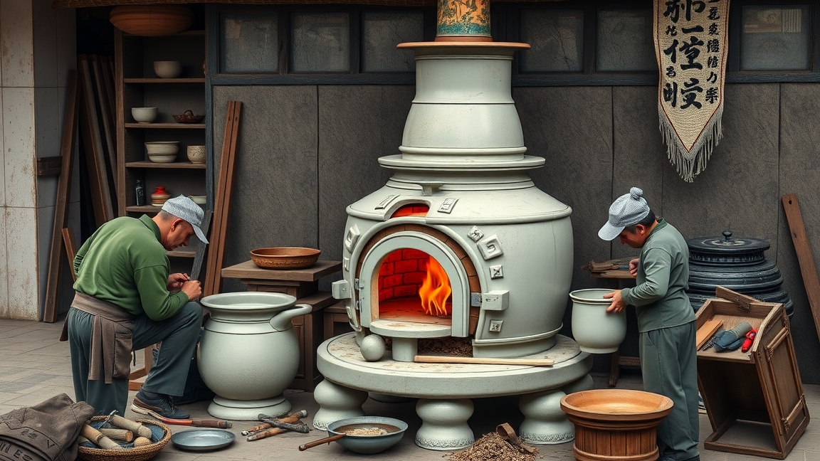 Munkások cserépkályhát átraknak, építkezés közben.