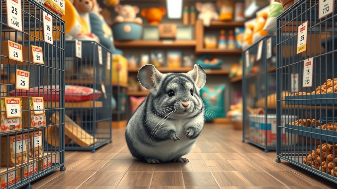 Szürke csincsilla a kisállat boltban, körülötte etetők és játékok.