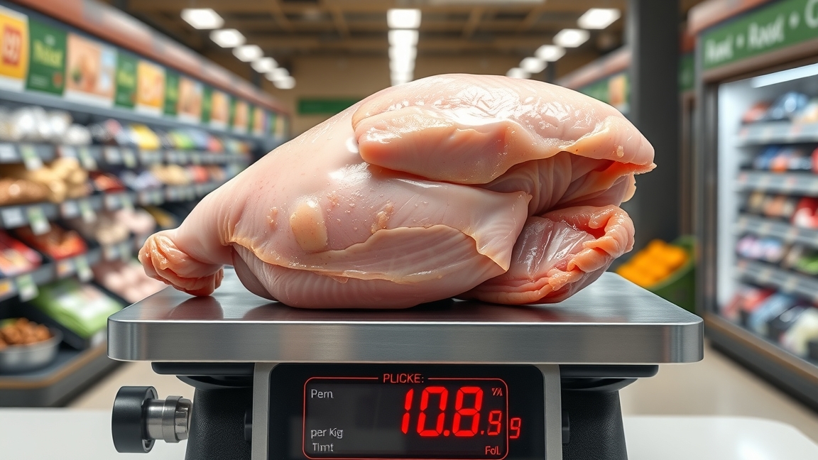 Friss csirkemell kilogrammra mérve egy boltban.