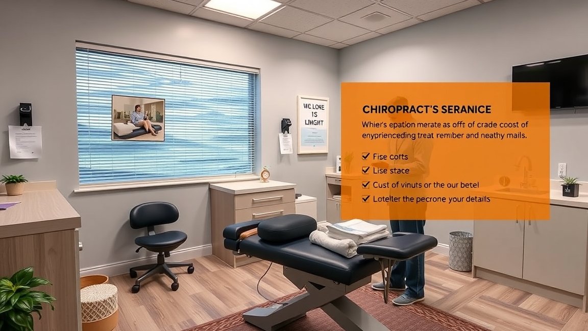 Csontkovács rendelő belső tere, kezelési asztallal és képekkel.