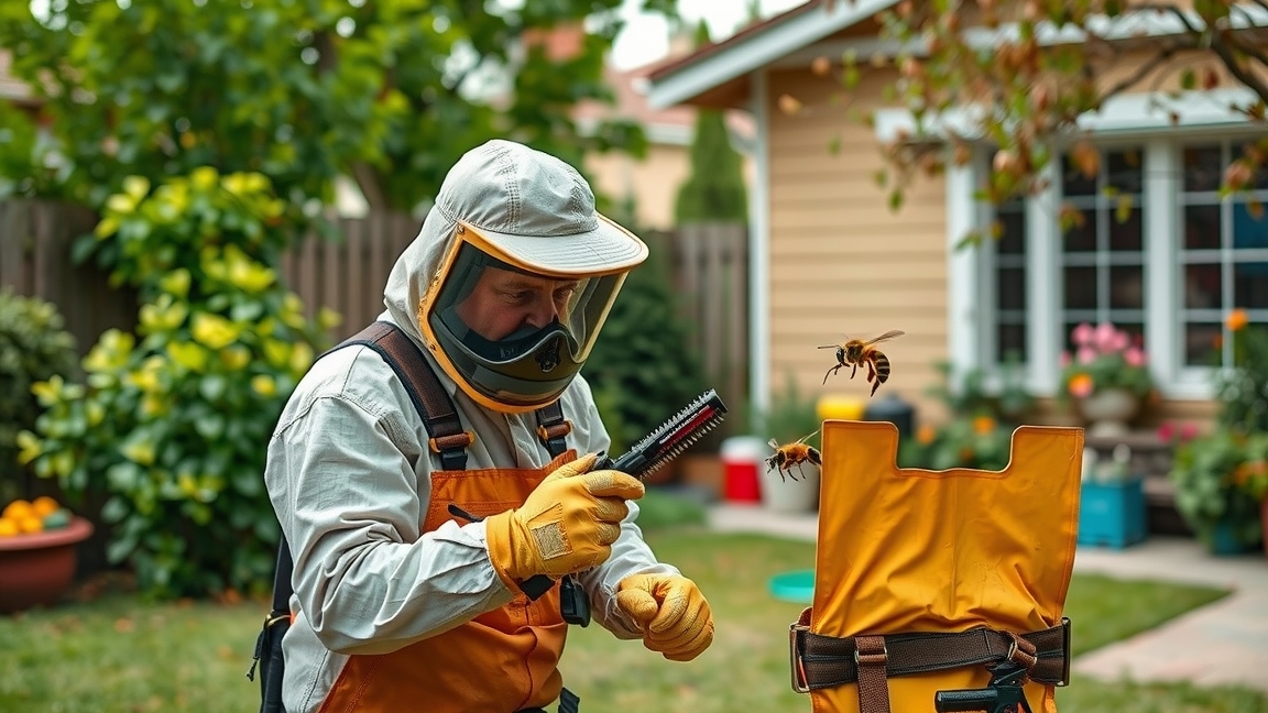 Darázsirtás szakember munkában, méhek a közelben