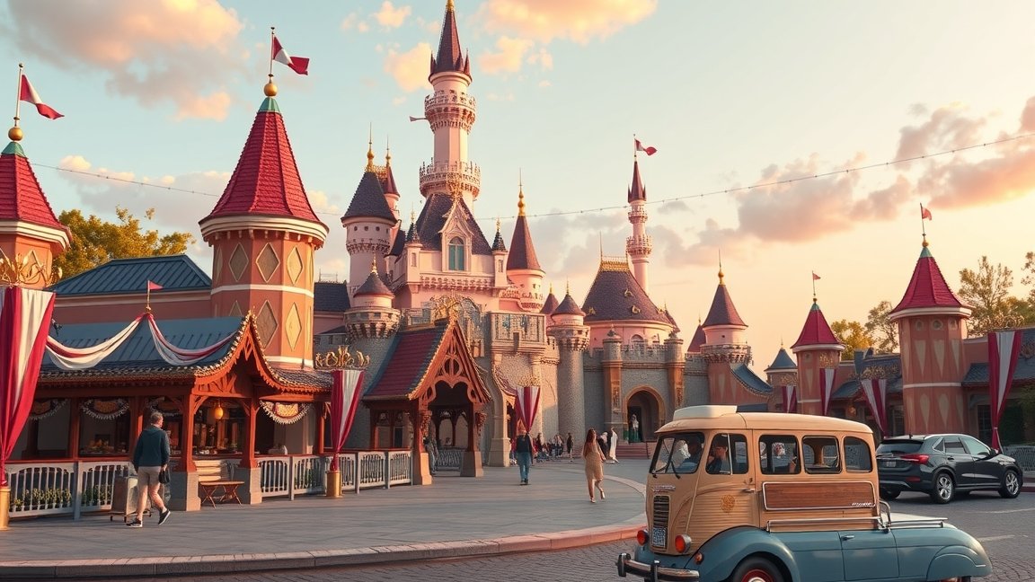 Disneyland kastély és vidámpark, csodás tájban.