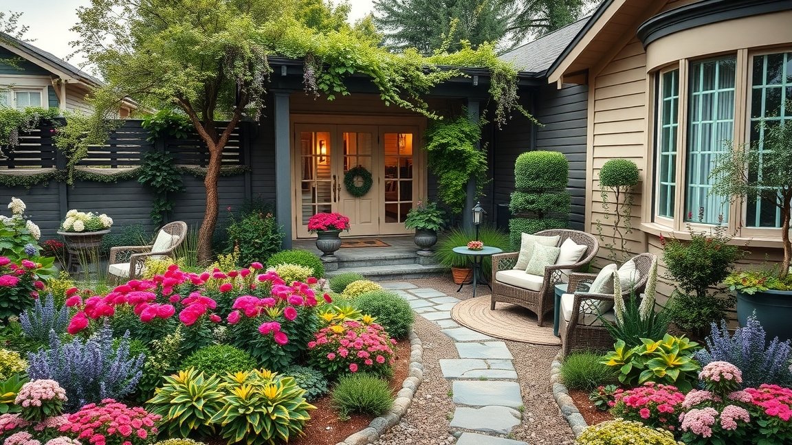 Gyönyörű díszkert családi házhoz, virágokkal és kényelmes bútorokkal.