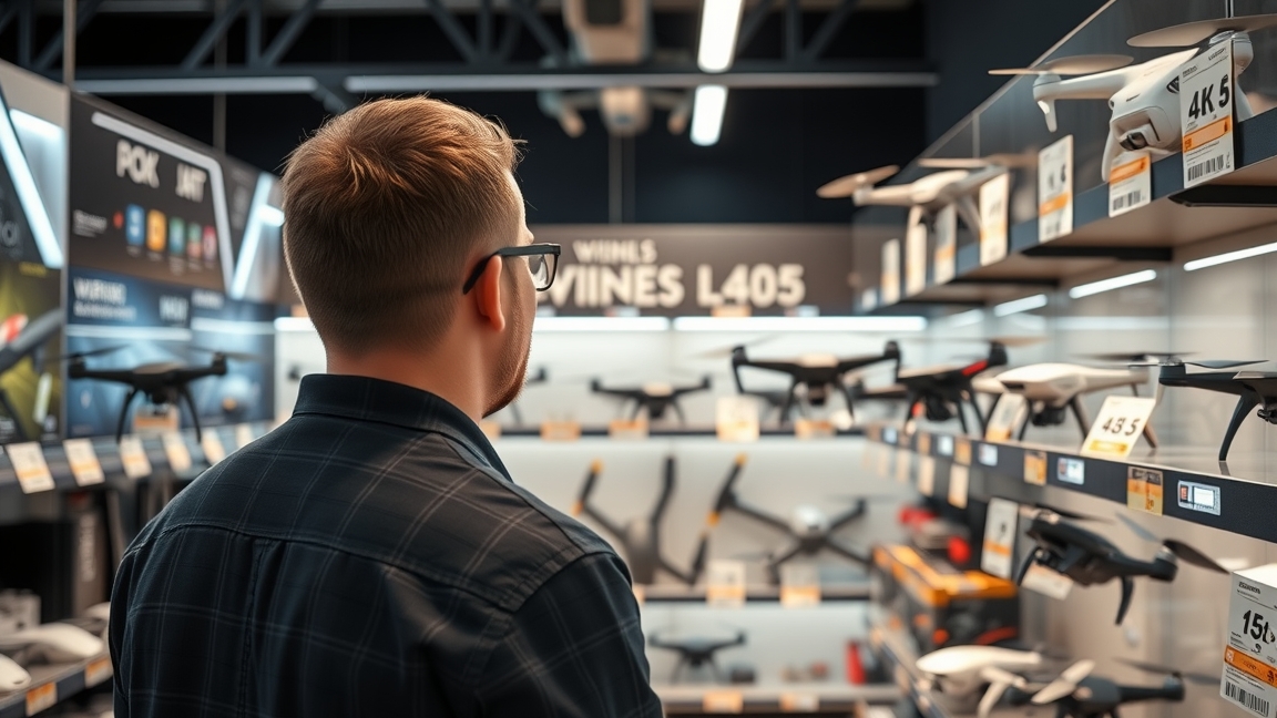 Férfi drónokat néz egy boltban, vásárlási lehetőségek azonosítása.