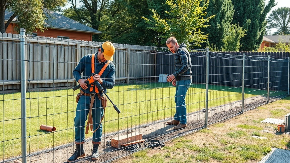 Drótkerítés telepítése a kertben két munkás segítségével.