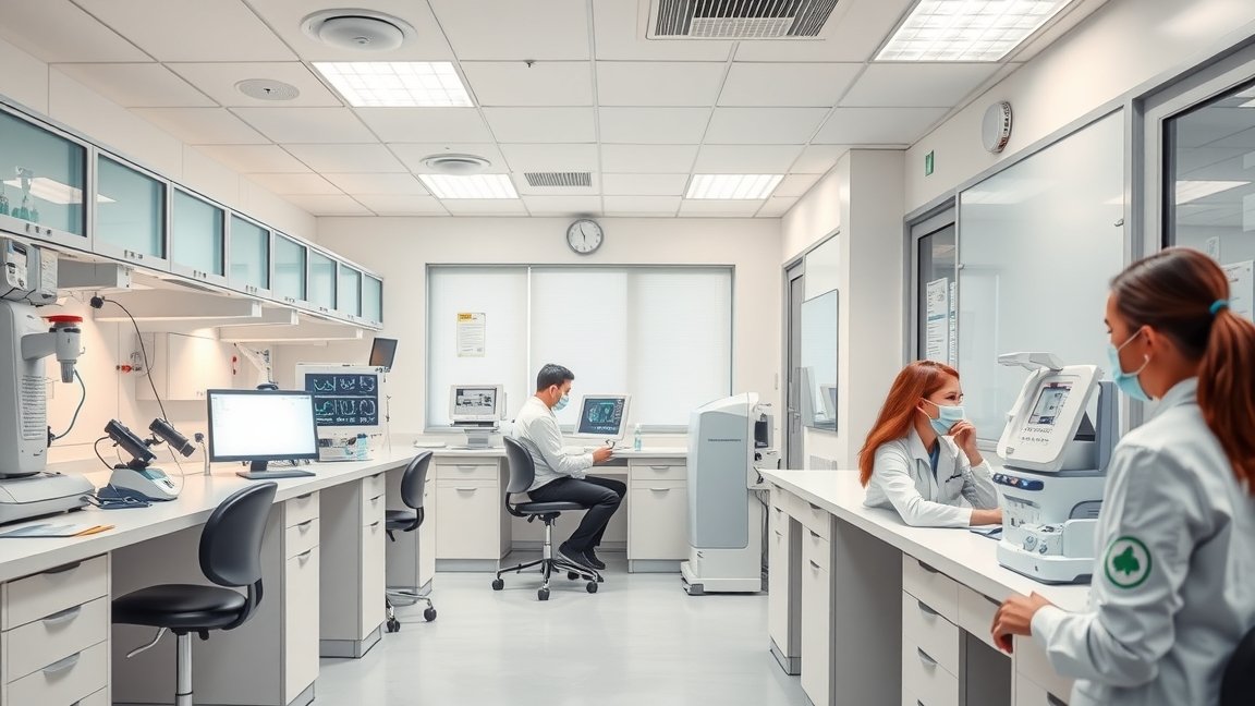 Modern egészségügyi laboratórium, vizsgálatok és orvosi eszközök.