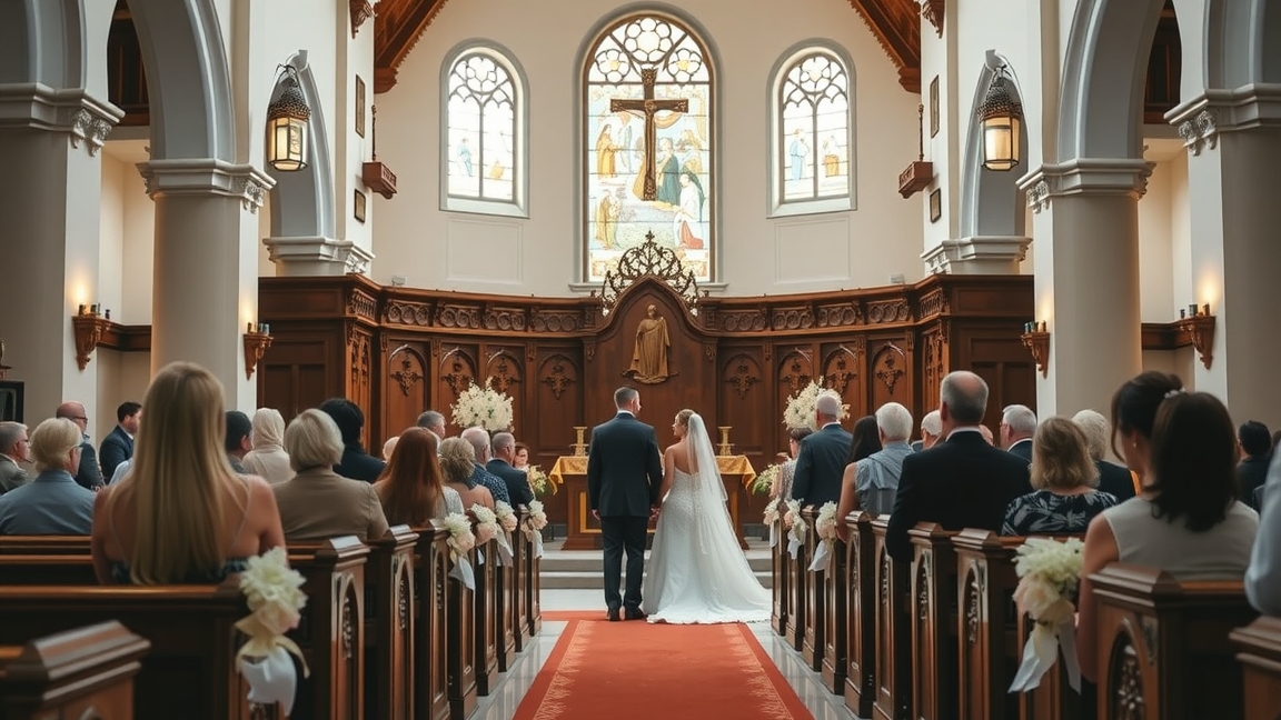 Egyházi esküvő a templomban, menyasszony és vőlegény a szertartáson.