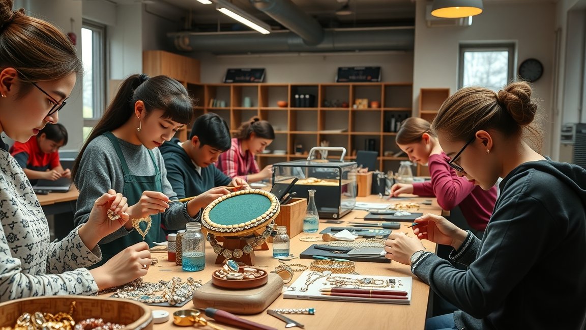 Ékszerkészítő tanfolyam résztvevői kreatívan dolgoznak ékszereken