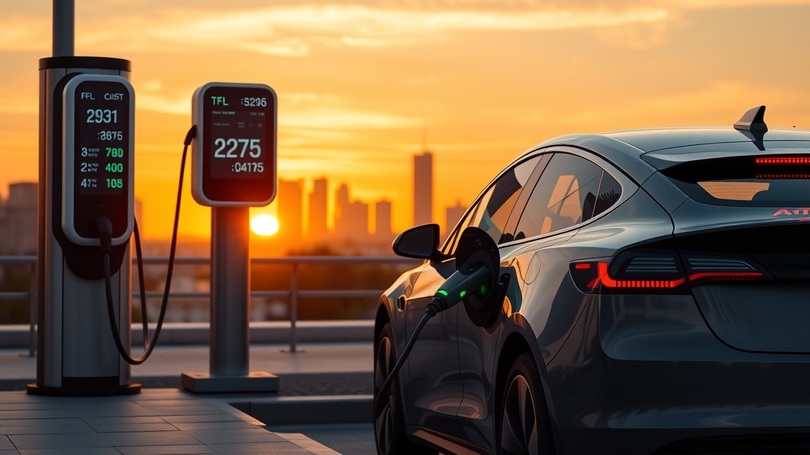 Elektromos autó töltése naplementében, töltőállomással.