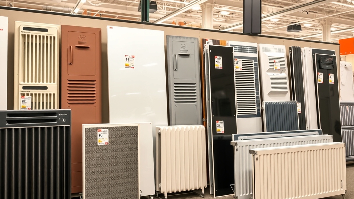 Különböző elektromos fűtőpanelek bemutatása egy boltban.