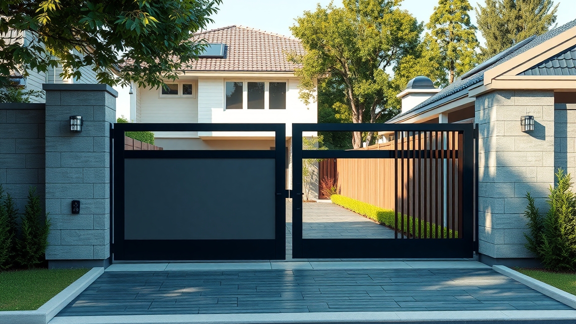 Modern elektromos kapu egy családi ház előtt, gyönyörű kerítéssel.