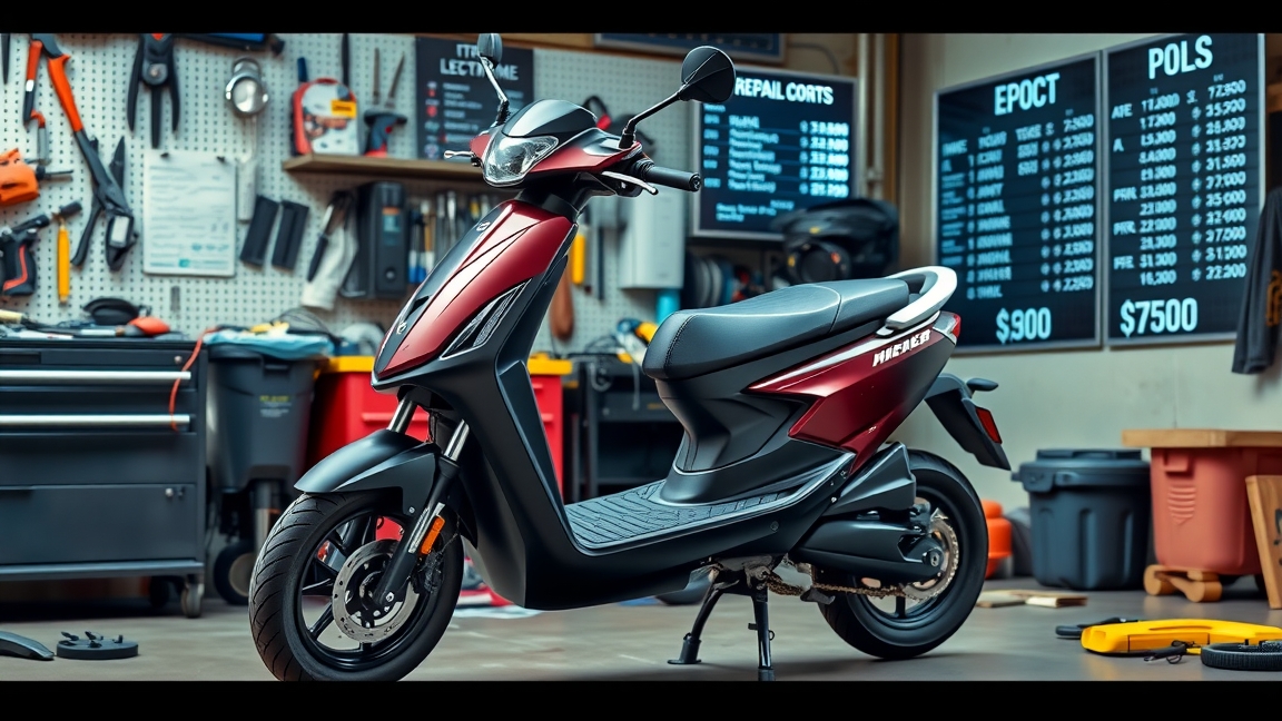 Modern elektromos roller szervizben, háttérben szerszámok és árajánlatok.