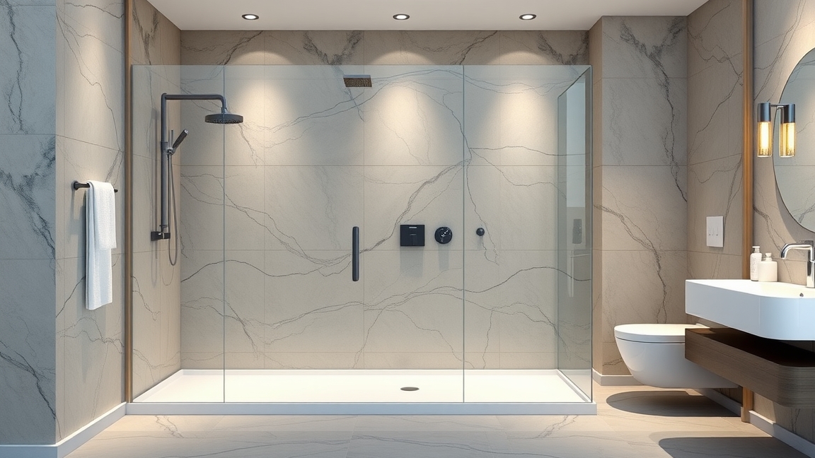 Modern épített zuhanyzó tágas fürdőszobában, üvegfalakkal és elegáns burkolattal.