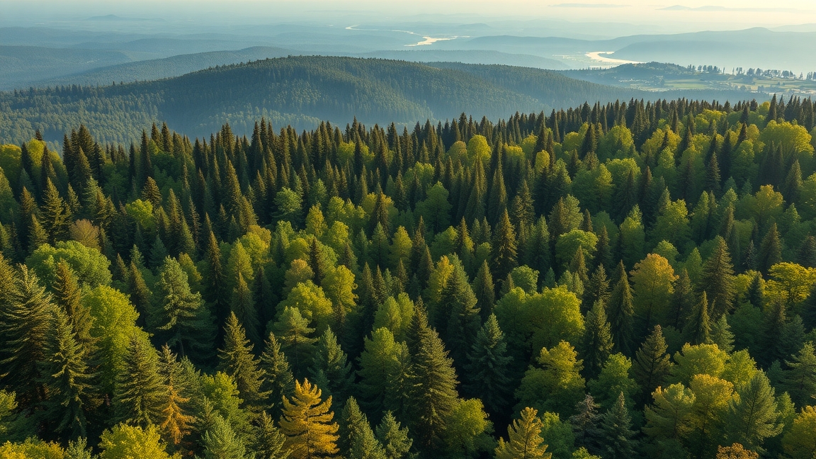 Zöld erdő teljes nézetben, hegyekkel a háttérben