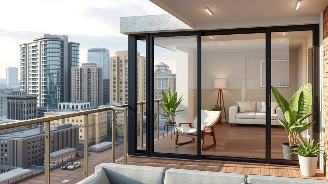 Modern erkély üveggel, városi kilátással