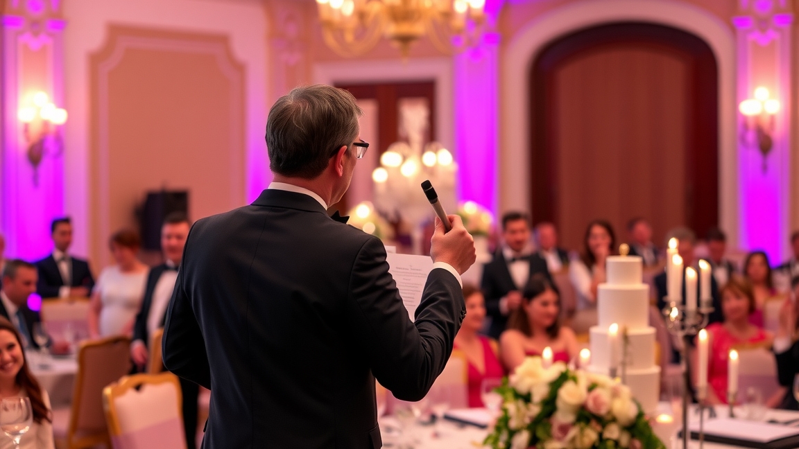 Egy esküvői ceremóniamester beszél a vendégeknek az ünnepségen.
