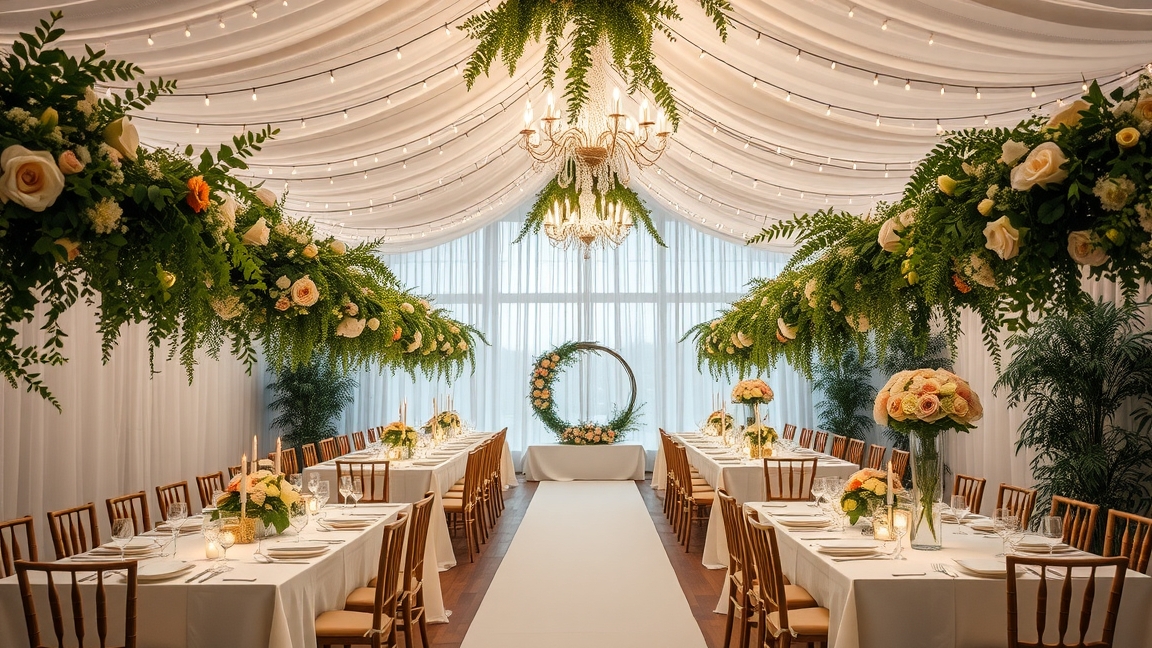 Elegáns esküvői dekoráció gyönyörű virágokkal és világítással.