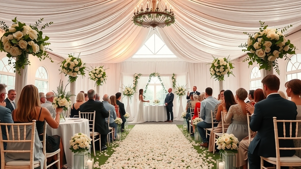 Elegáns esküvő szertartás virágdíszekkel és boldog vendégekkel