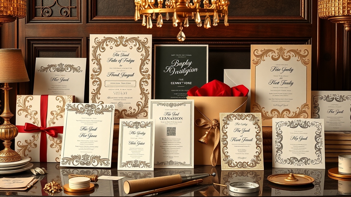 Es wedding invitations displaying various elegant designs and styles.