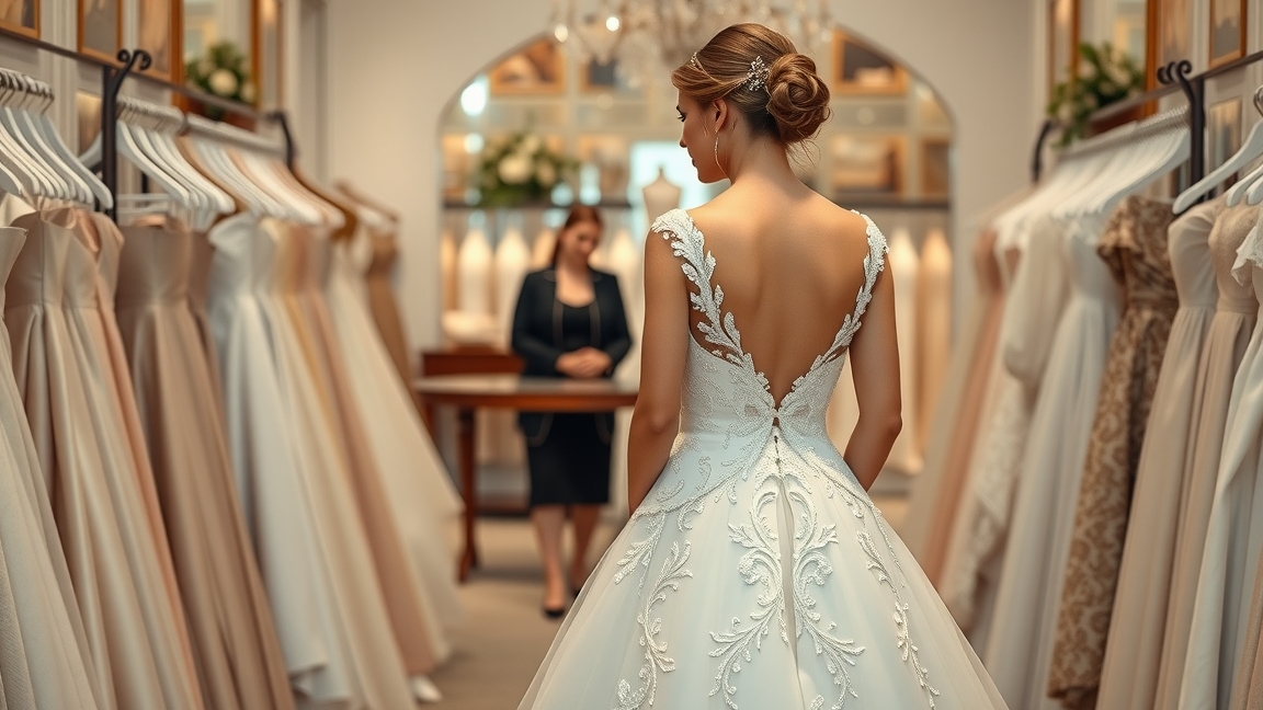 Esküvői ruha varratás folyamata, szalonban próbálkozó nő.