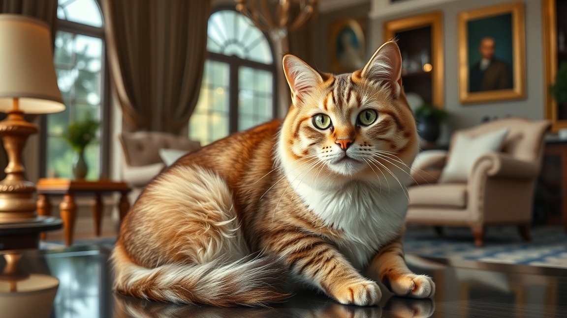 Fajtatiszta macska egy elegáns otthonban, pihen az asztalon