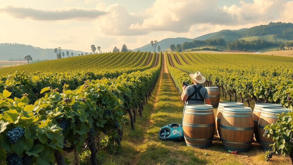 Szőlőültetvény és borász a fehérbor előállítás folyamatában.