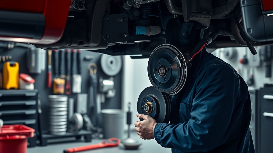 Fékbetét csere autószerelés közben egy műhelyben.