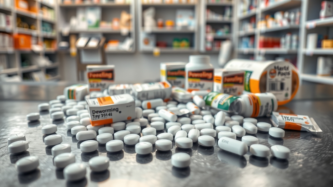 Féreghajtó tabletták és készítmények elhelyezve egy asztalon