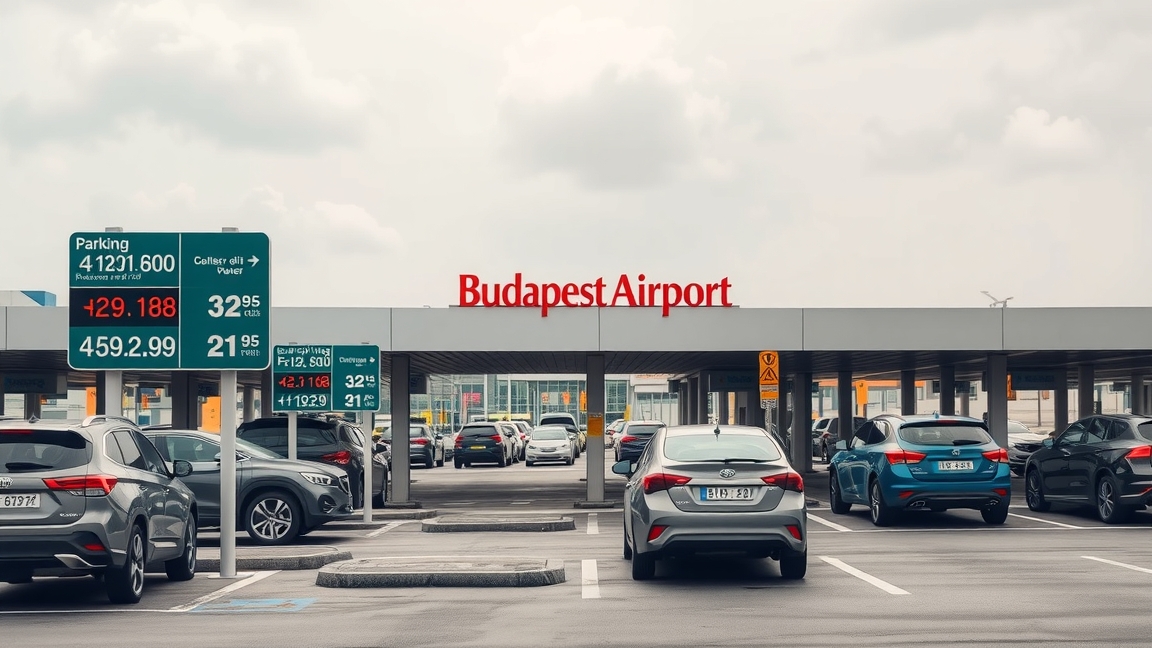 Ferihegyi parkoló terület és díj táblák a Budapest Airport előtt.