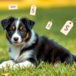 Egy Border Collie kölyök zöld fűben pénzcímkékkel.