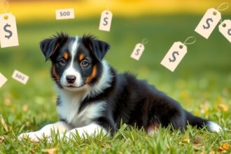 Egy Border Collie kölyök zöld fűben pénzcímkékkel.