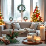 Karácsonyi lakásillatosítás gyertyák, díszek és fenyőágak között.
