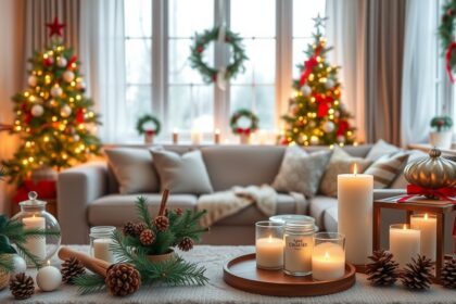 Karácsonyi lakásillatosítás gyertyák, díszek és fenyőágak között.