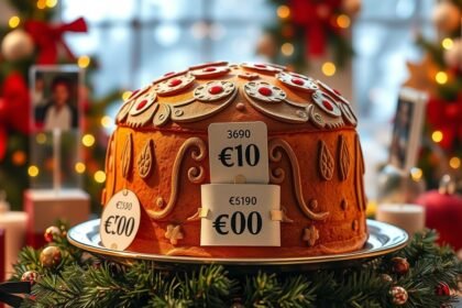 Karácsonyi panettone árazás egy ünnepi dekorációval.