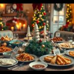 Karácsonyi vacsora asztal, ünnepi ételekkel és dekorációkkal.