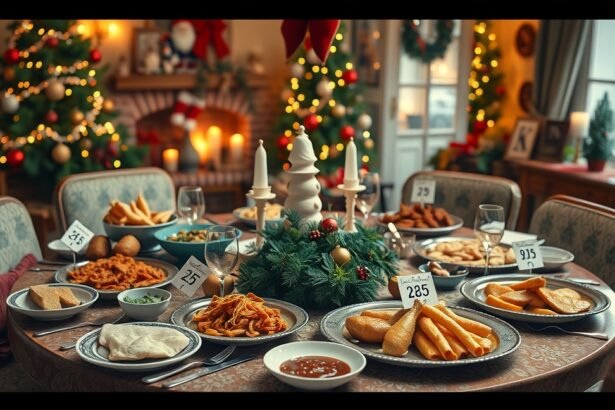 Karácsonyi vacsora asztal, ünnepi ételekkel és dekorációkkal.