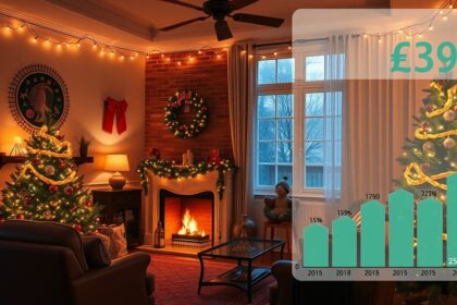 Karácsonyi világítás otthon, fenyőfa és költségdiagram