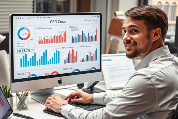 SEO költségek grafikonokat elemző szakember az irodában.