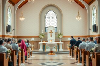 Keresztelő szertartás a templomban, vendégek ülnek