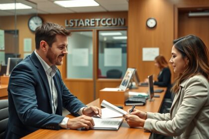 Két ember beszélget egy ügyvéd irodájában élettársi kapcsolat bejegyzéséről.