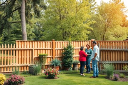 Kert és kerítés, családtagok beszélgetnek a kerítés költségeiről.