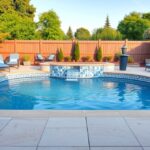 Gyönyörű kerti medence napernyővel és pálmafákkal körülvéve.