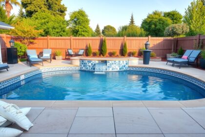 Gyönyörű kerti medence napernyővel és pálmafákkal körülvéve.