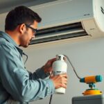 Klimatisáló berendezés hűtőközeg feltöltése szakember által.