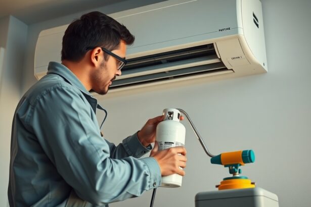 Klimatisáló berendezés hűtőközeg feltöltése szakember által.