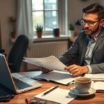 Kisvállalkozó könyvelés közben, számviteli dokumentációval, kávé mellett.